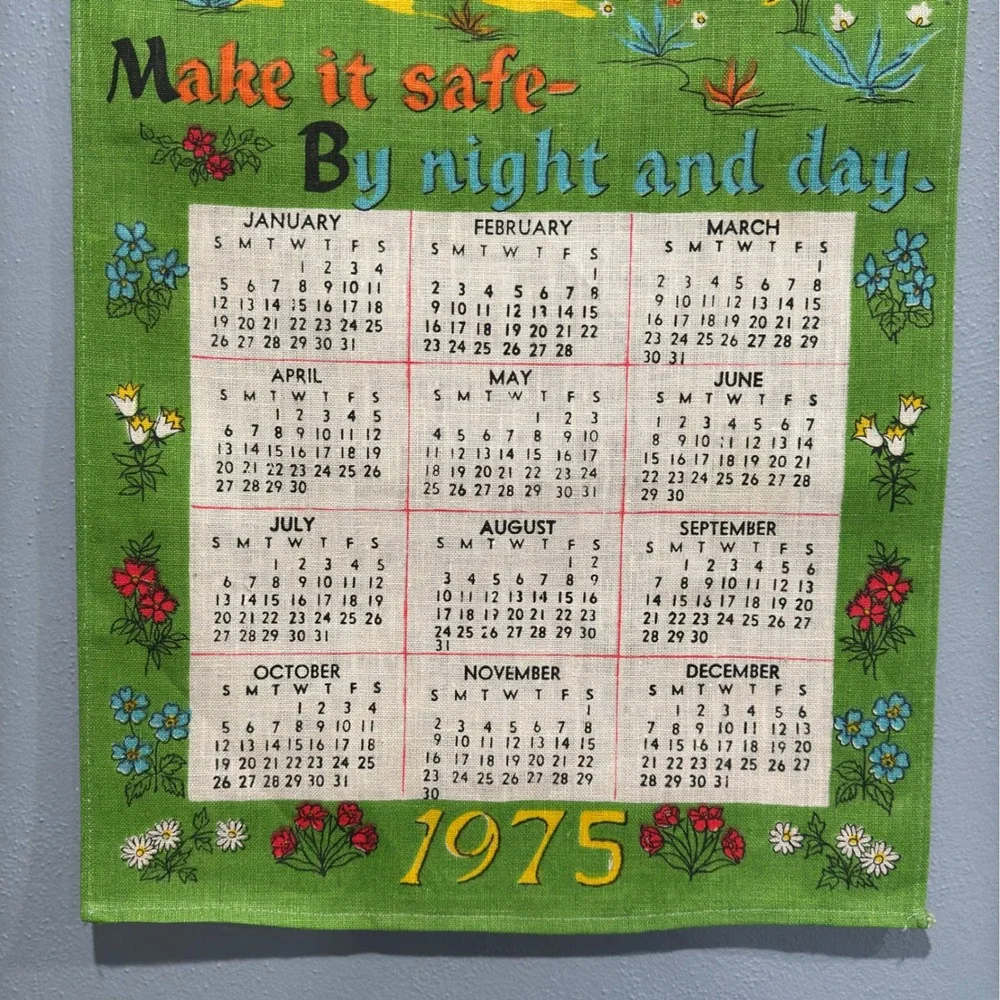 Vtg 1975 Linen Calendar Tea Towel Wall Hanging Green Folk Art Bless This House